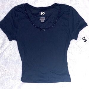 NWT Lace Ribbon Bow Trim Black Top